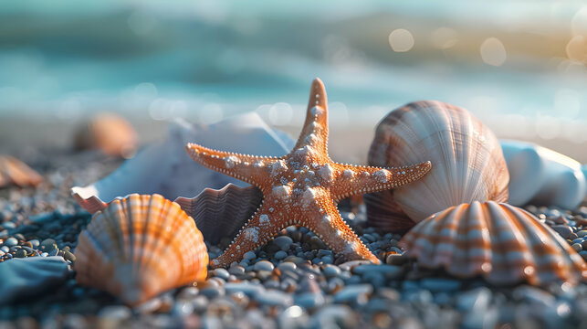 A collection of vibrant seashells and a starfish on the coastline with the ocean in the background.