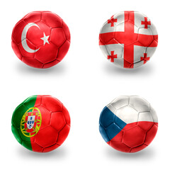 europe group . football balls with national flags of czech republic georgia portugal and turkey...