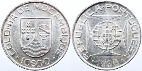 Mozambique 10 Escudos Silver Coin minted in 1939. 