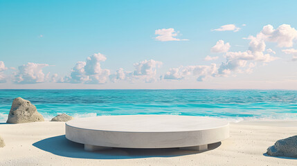 Obraz premium Aesthetic pedestal or circular podium to display 3D concrete products on a beautiful beach on a summer day, to promote your product 