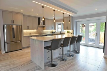 Tile Floor Kitchen. Modern Light Gray Kitchen with Bar in Stylish Interior
