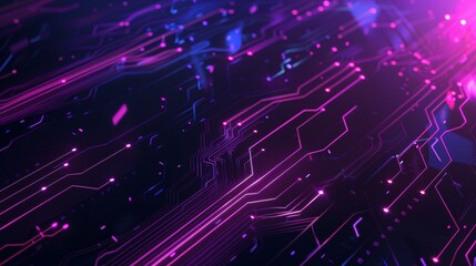 Black Purple Pink abstract background with digital glowing lights and circuit board elements on a dark blue background, high quality 3D rendered illustration of an abstract futuristic technology
