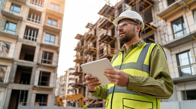 Engineer with Tablet Inspecting Construction Project

