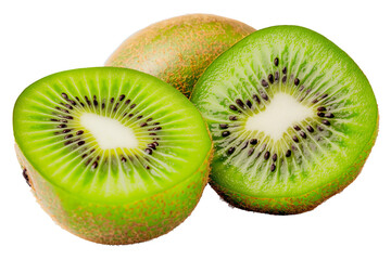 A green kiwi is cut in half and has black seeds, transparent backgrounds PNG