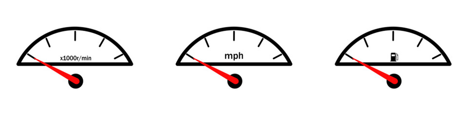 Car fuel or speed meter icon set. Full gauge of fuel rate and engine speed. Fuel sensor. Vector isolated flat