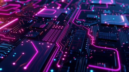 Obraz premium Black Purple Pink abstract background with digital glowing lights and circuit board elements on a dark blue background, high quality 3D rendered illustration of an abstract futuristic technology