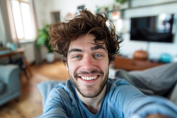 Obraz premium Young Man Selfie. Happy Millennial Smiling, Taking a Selfie with Smartphone at Home