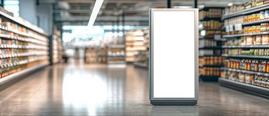 A clean, blank advertising display stands prominently in a bright supermarket aisle, ready for branding.