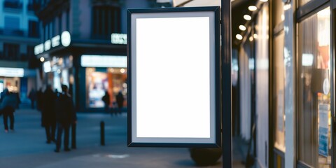 A mock-up blank billboard situated outdoors, in a city environment during the twilight hour.