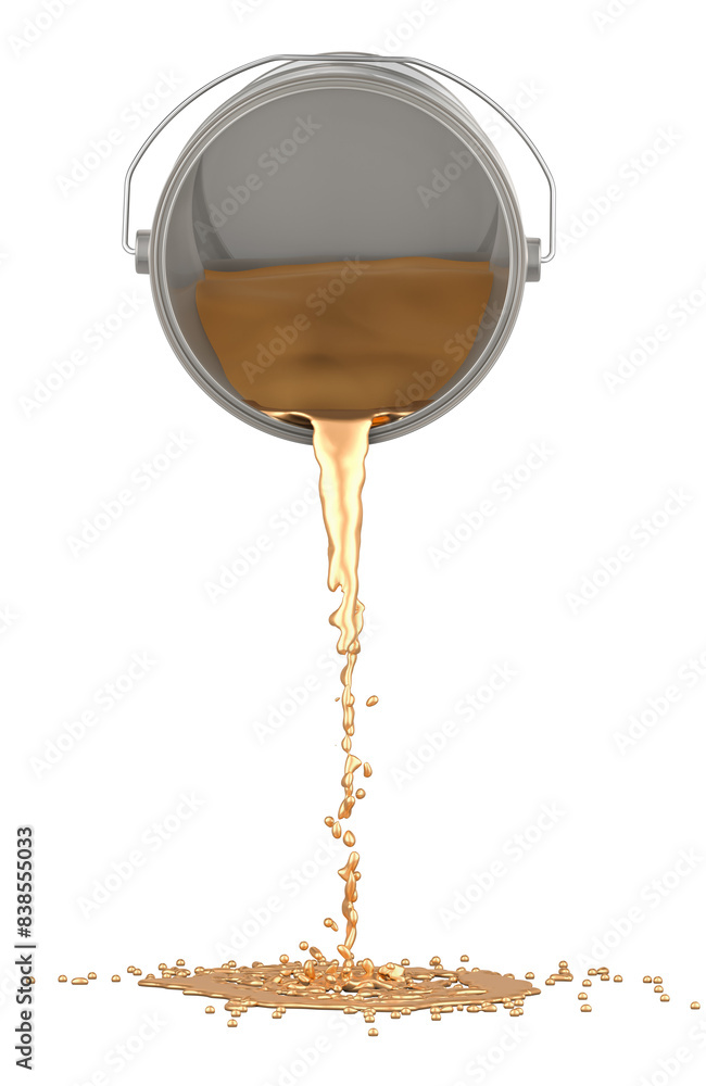 Poster golden paint splashing out of can, 3d rendering isolated on transparent background