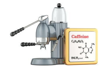 Manual coffeemaker and caffeine Icon with chemical formula, molecular structure. 3D rendering isolated on transparent background