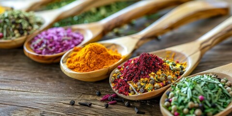 Various Colorful Herbs and Spices in Spoons on Wooden Table Background - AI Generated
