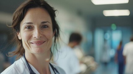 Fototapeta premium Portrait of calm smiling female nurse looking forward in blue uniform and stethoscope in hospital busy room background