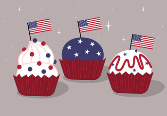 Fototapeta premium Happy 4th of July day. Muffin with stars and flags. Holiday ice cream party. 4th of July and American celebration. USA symbols on cupcake, fairy cake, bun, small cake