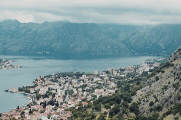 view of boka koror bay from the mountain in Montenegro 