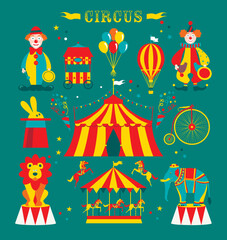 Fototapeta premium Card with circus set tent, lion, hat, elephants and clown. 