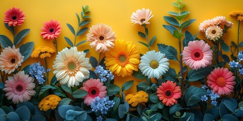 An artistic display of colorful flowers against a bright yellow background.
