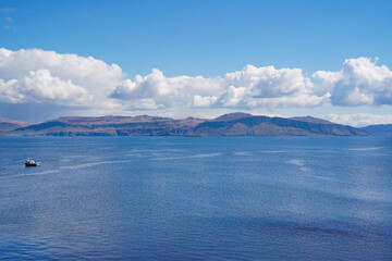 View from the isle of Staffa over the sea and Mull