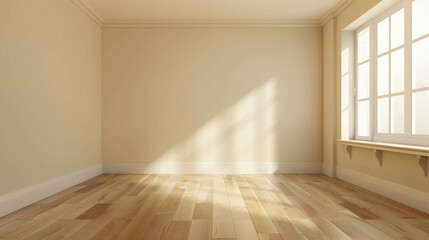 Fototapeta premium Empty living room with wooden floor and light beige color wall and sun light coming in