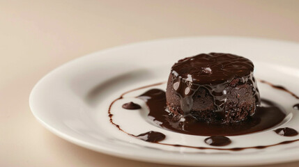 Delicious homemade chocolate cake with chocolate sauce on a white plate  isolated on a light beige background
