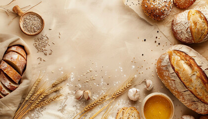 Obraz premium Bread ingredients on a light beige background with copyspace