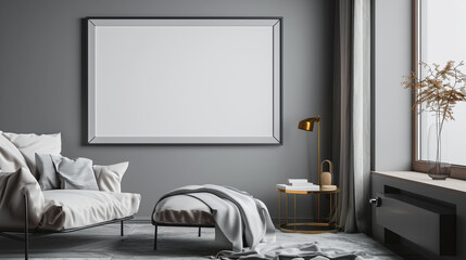 Minimalist bedroom design with a blank frame on a grey wall, modern furnishings, and neutral tones