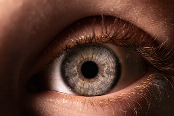 Close up of a child's eye. Macro shot of a beautiful colorful textured iris. 