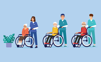 Set of disable old people in wheelchairs with nurses.