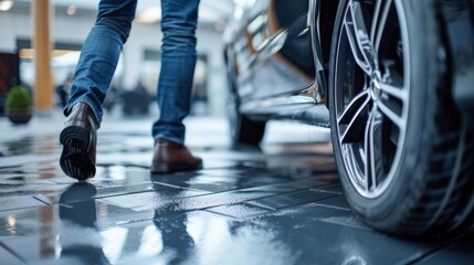 A man walking on a tiled floor next to his car, AI - Powered by Adobe