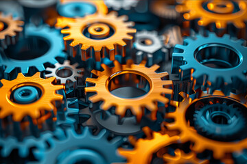 Interlocking gears of different sizes and colors working together seamlessly, symbolizing teamwork and unity in achieving a common goal.. AI generated.