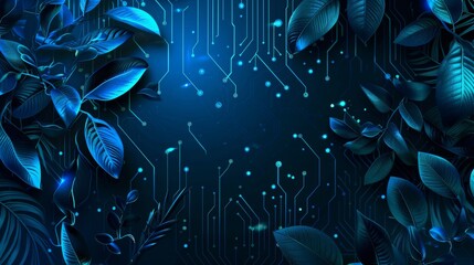 Naklejka premium Abstract background with digital glowing lights and circuit board wall with natural leaves and vines elements on a dark blue background, high quality rendered illustration of an futuristic technology