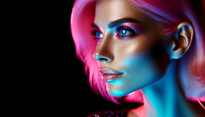 Fototapeta premium Woman With Pink Hair Illuminated by Blue and Pink Lights