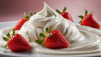 Delicious yogurt with strawberries in a plate