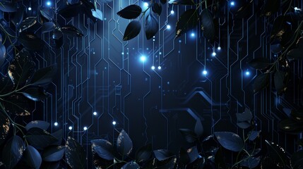 Abstract background with digital glowing lights and circuit board wall with natural leaves and vines elements on a dark blue background, high quality rendered illustration of an futuristic technology