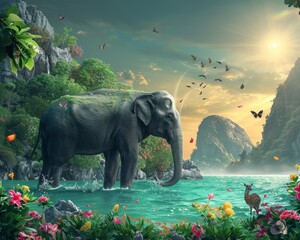 Majestic Elephant in Enchanted Tropical Paradise Surrounded by Lush Vegetation, Exotic Wildlife, and Glittering Water under Sunlit Sky