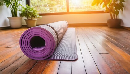 Purple Yoga mat on a hardwood floor, fitness concept, morning exercise and healthy lifestyle at home