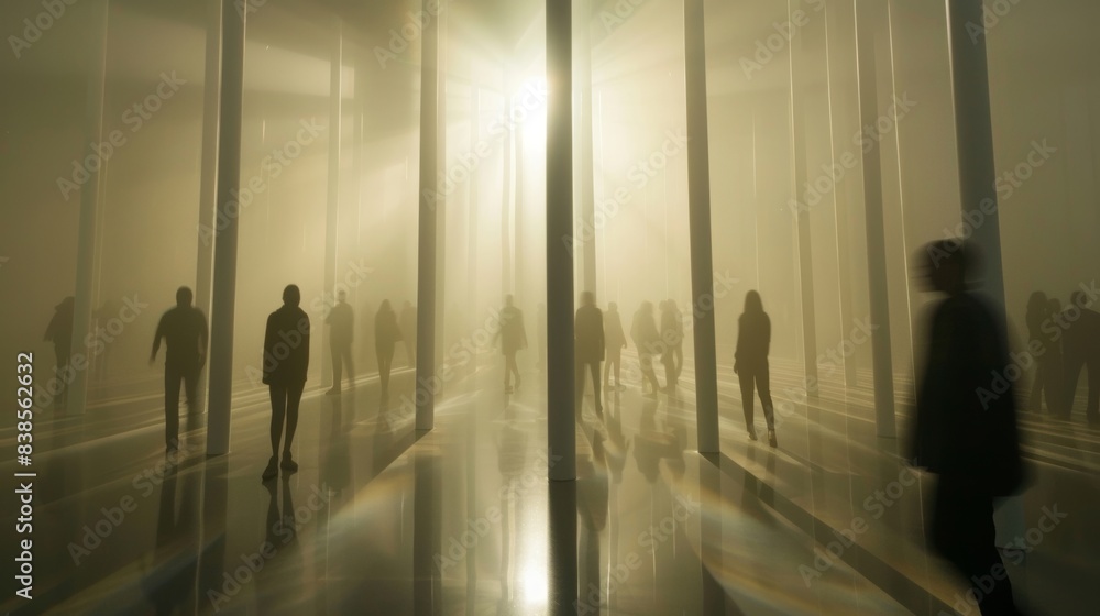 Poster otherworldly figures appear as the sunlight streams through the sky casting long columns of light.