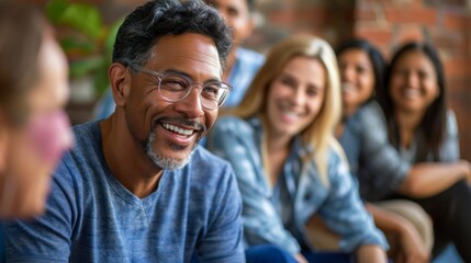 A group of people sitting together smiling and laughing, AI