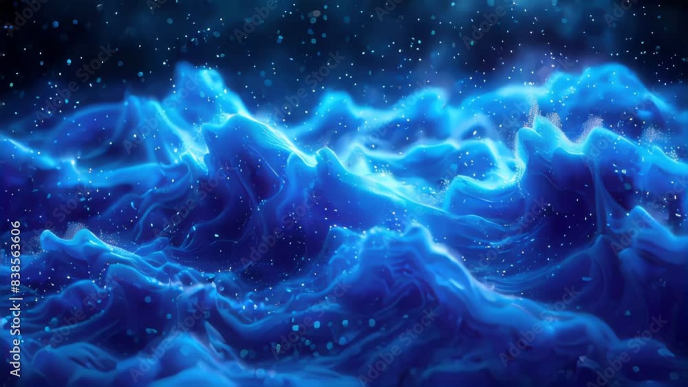 Poster an abstract blue wave background with glowing particles and lines. futuristic waves