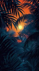 Tropical Sunset Seen Through Palm Fronds