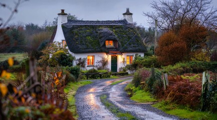 Obraz premium Charming Cottage on a Rainy Evening in the English Countryside