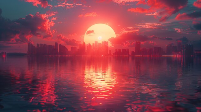 A vibrant sunset casts a warm glow over a futuristic cityscape, with its reflection shimmering on the water.