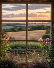 Fototapeta premium Open Window View of Sunset Over Rural Landscape