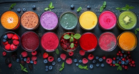 Freshly Blended Smoothies With Assorted Berries and Mint on Dark Wooden Tabletop