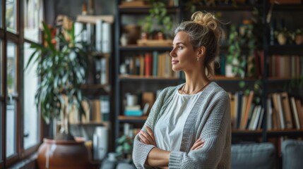 Fototapeta premium A woman standing in front of a book shelf with her arms crossed, AI