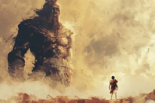 David and Goliath - Ancient Warrior Faces Giant.  Digital Illustration