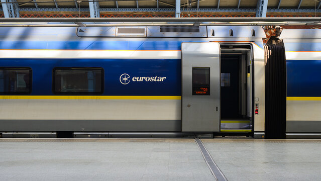 London, UK - March 23, 2024; Eurostar international passenger train waiting at platform with door open