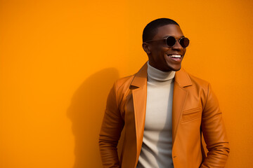 Obraz premium portrait of a African American man with short hair and sunglasses looking off to the his left smiling in a turtle neck against an orange background