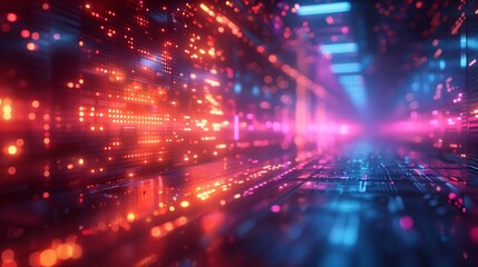 Naklejka premium A digital corridor with retro tech elements bathed in vibrant red and blue neon light.