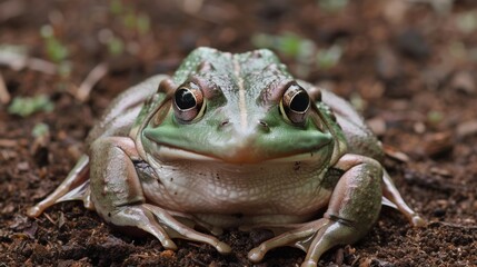 A frog sitting on the ground with its eyes open, AI